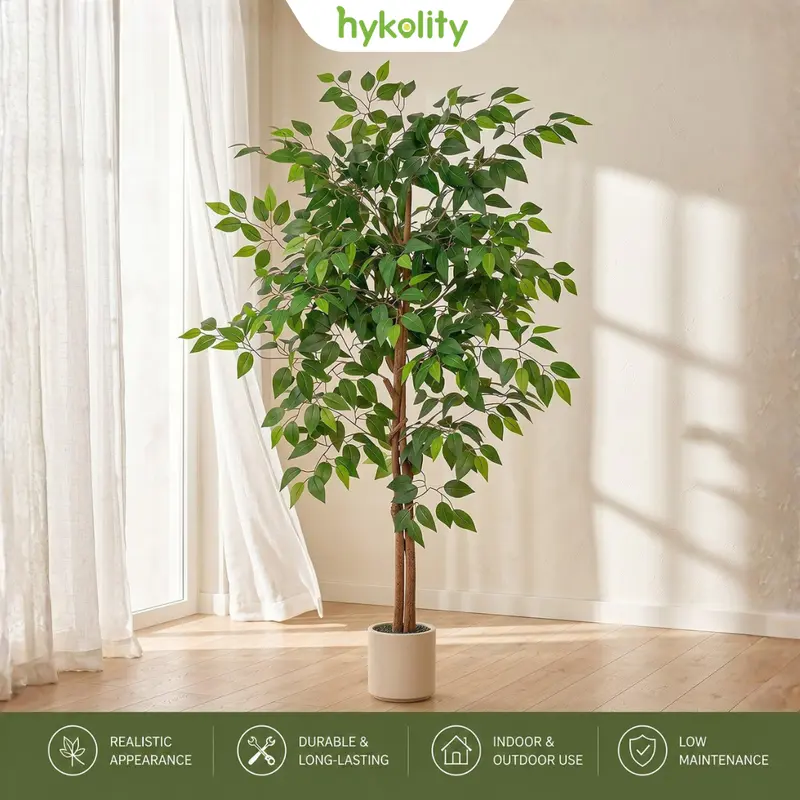 5FT-6FT Artificial Ficus Fiddle Leaf Fig Tree with White Planter, Realistic Silk Faux Plant, Low Maintenance Faux Plants for Aesthetic House Decor, Gift Choice Indoor Home Accessory