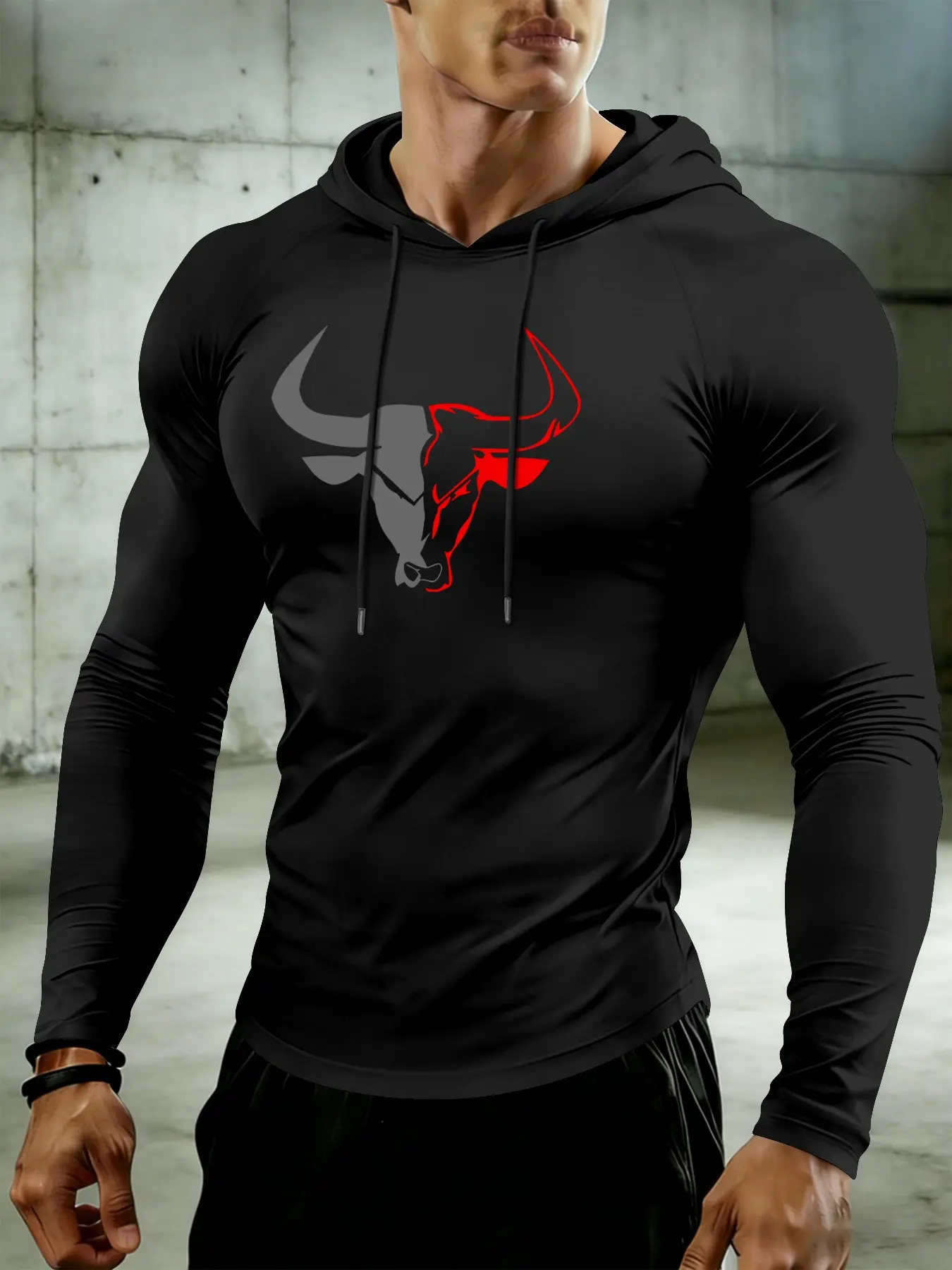 Men's Long Sleeve Hooded T-Shirt, Athletic Hoodie, Drawstring Stretch Comfort Design, Fashion Bull Print, Casual Fitness Sport Daily Wear, Activewear Fitness Workout, Athletic Workout Clothing