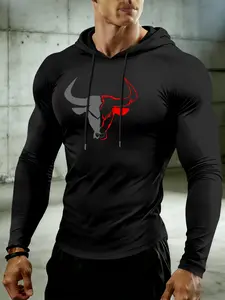 Men's Long Sleeve Hooded T-Shirt, Athletic Hoodie, Drawstring Stretch Comfort Design, Fashion Bull Print, Casual Fitness Sport Daily Wear, Athletic Workout Clothing