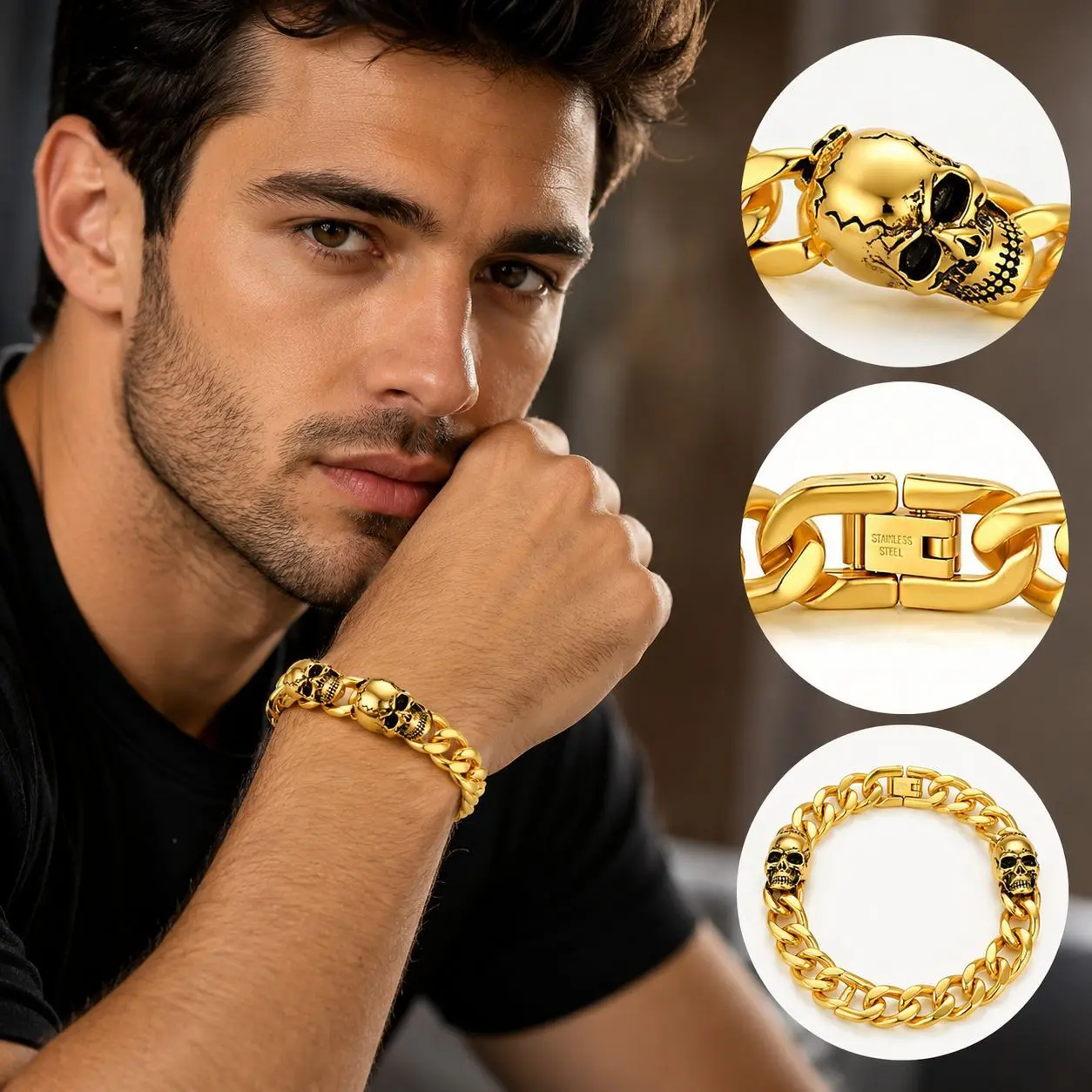 Men's Gothic Skull Motif Stainless Steel Cuban Link Bracelet - Punk Rock Biker Streetwear Wristband, Never-Fade Costume Jewelry Fashion Accessory Gift for Him