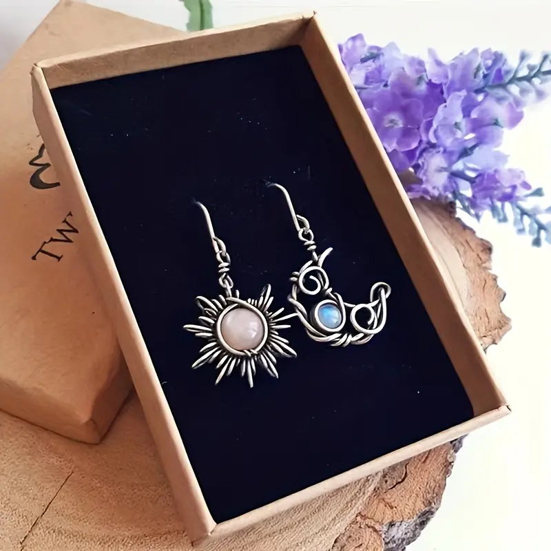 1 pair of Bohemian style sun and moon earrings, retro synthetic moonstone asymmetrical earrings 1 pair of Bohemian style sun and moon earrings, retro synthetic moonstone asymmetrical earrings