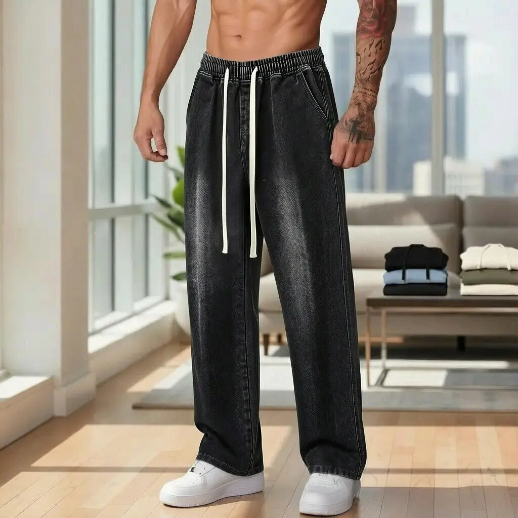 Summer men’s jeans available in six colors—classic, minimalist design with an elastic waistband and stretch fabric. Retro wash, straight wide legs, casual and comfortable, versatile denim long pants with a drawstring design for easy wear. Mid-rise waist w