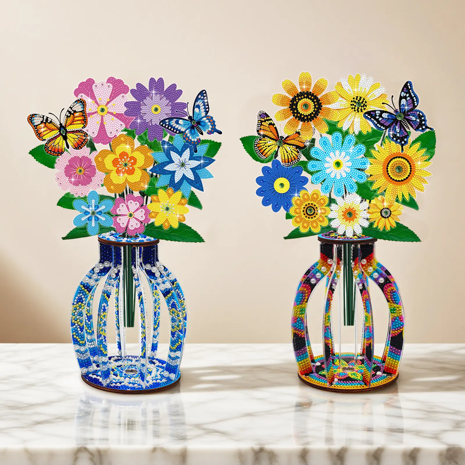 DIY Diamond Art Ornaments Hobbies Kit for Adults - Artificial Flowers Glitter Bouquet, Flower Vase, 2 Styles, Easy Assembly, Acrylic/Wood Design, Table/Shelf Decor, Craft Lovers Gift, Cross Stitch Compatible