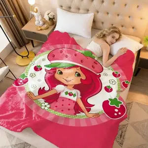 Strawberry Pattern Flannel Blanket, Soft Lightweight Breathable Fleece Throw for Adults Kids, Fruit Patchwork Summer Decor Blanket for Bed Sofa Couch, Gift