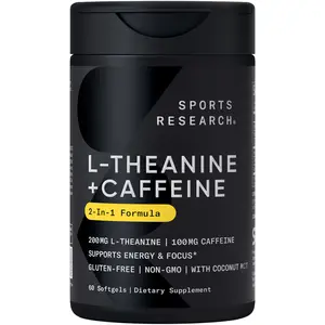 Sports Research L-Theanine Supplement with Caffeine & Coconut MCT Oil - 200mg L Theanine - 100mg - 60 Liquid Softgels