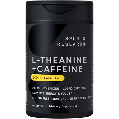 Sports Research L-Theanine Supplement with Caffeine & Coconut MCT Oil - 200mg L Theanine - 100mg - 60 Liquid Softgels