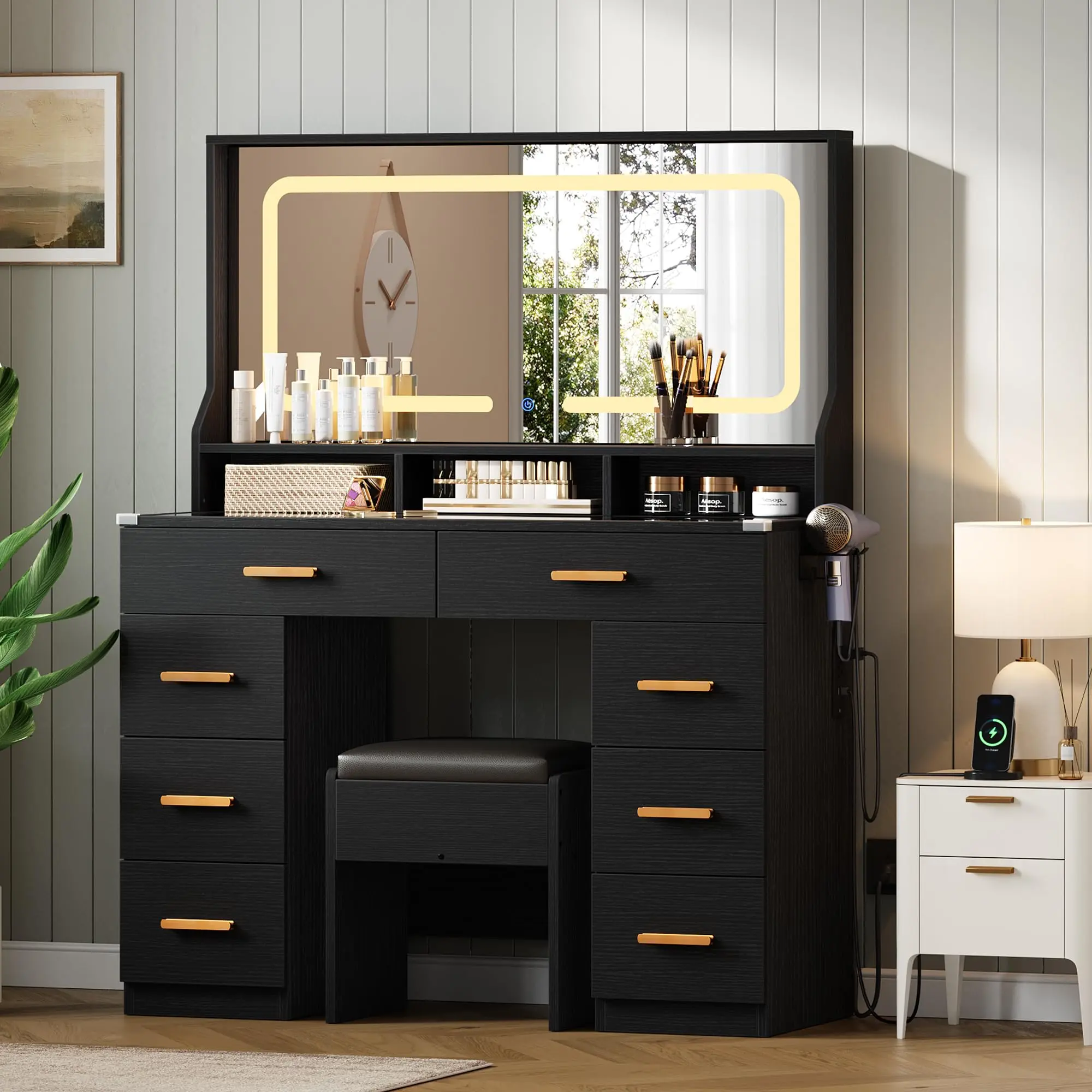 42" LED Makeup Vanity with Large Mirror, 8 Drawers and Charging Station, Modern Dressing Table with Glass Top, Storage Stool, for Bedroom or Dressing Room, Black.