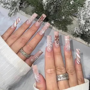 MERVF Long Square Press on Nails Christmas Fake Nails White Snowflake Squoval Glue on Nails Press ons with Gingerbread Man Acrylic Nails 24pcs Matte
