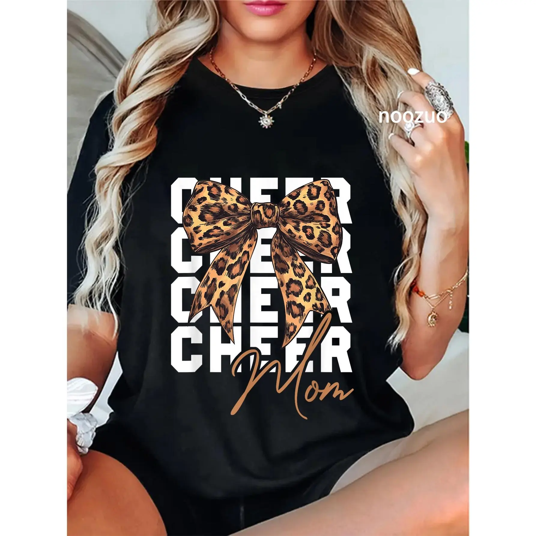 Women's Cheer Mom Graphic T-Shirt, Vintage Coquette Style with Leopard Print Bow, 100% Cotton Casual Round Neck Short-Sleeve Top