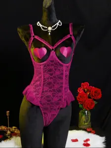 Christmas Sexy Lace Patchwork Mesh Cut-Out Thong Women's Jumpsuit with Steel Ring, 3 Piece Set, Perfect for Romantic Nights and Weddings