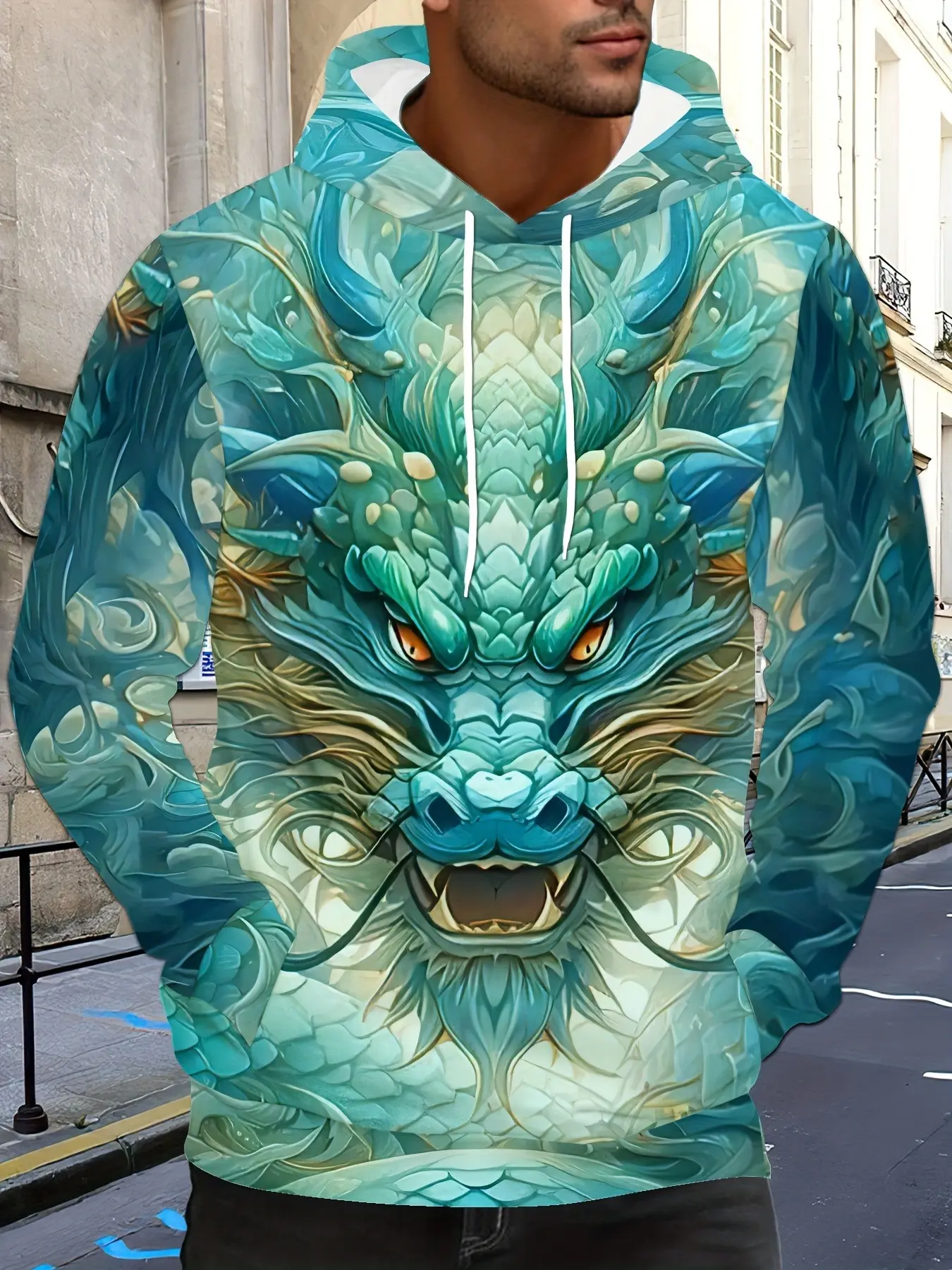 Men's Color Dragon Pattern Graphic Print Hoodie - Casual Sports Pullover with Kangaroo Pocket and Drawstring, Suitable for Spring and Autumn Outdoor Activities