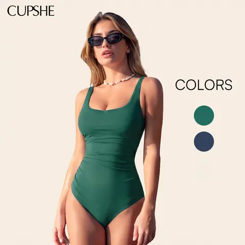CUPSHE Women's Sleeveless Clean Square Neckline Confidence-Boosting 1-Piece Swimsuit - Slim Fit, Chic Tummy Control, Back Cutout, Full Bum Coverage, Retro Vibe, Modern Lines, Beach & Swimming Wear