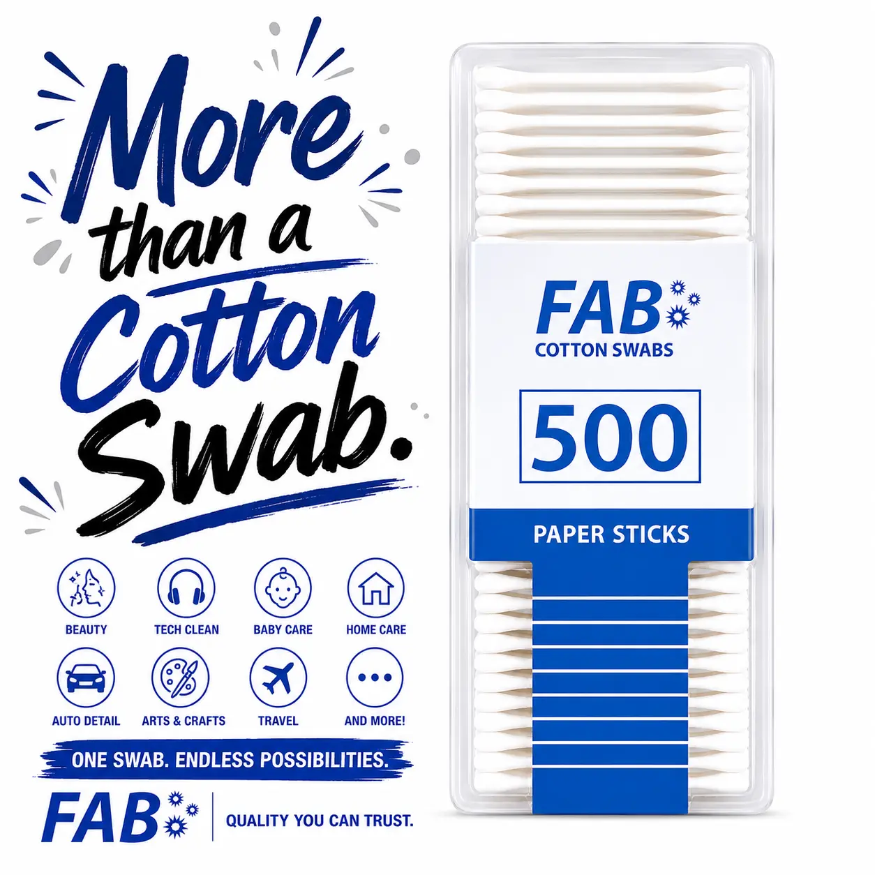 FAB Cotton Swabs 500 Count Premium Cotton Tips | Beauty | Home | Tech | Baby Care | Made in Detroit