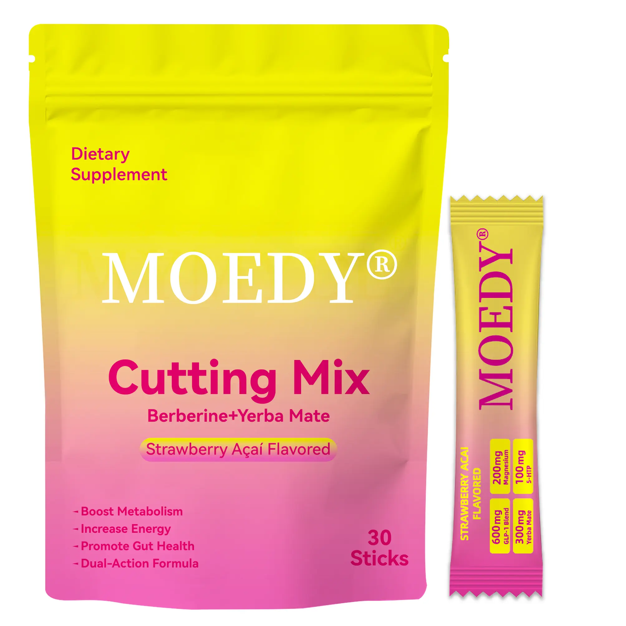 MOEDY Strawberry Acai Cut Drink Mix Powder - Berberine + Yerba Mate, 30-Stick Dietary Supplement for Gym Goals, Metabolism & Energy Support