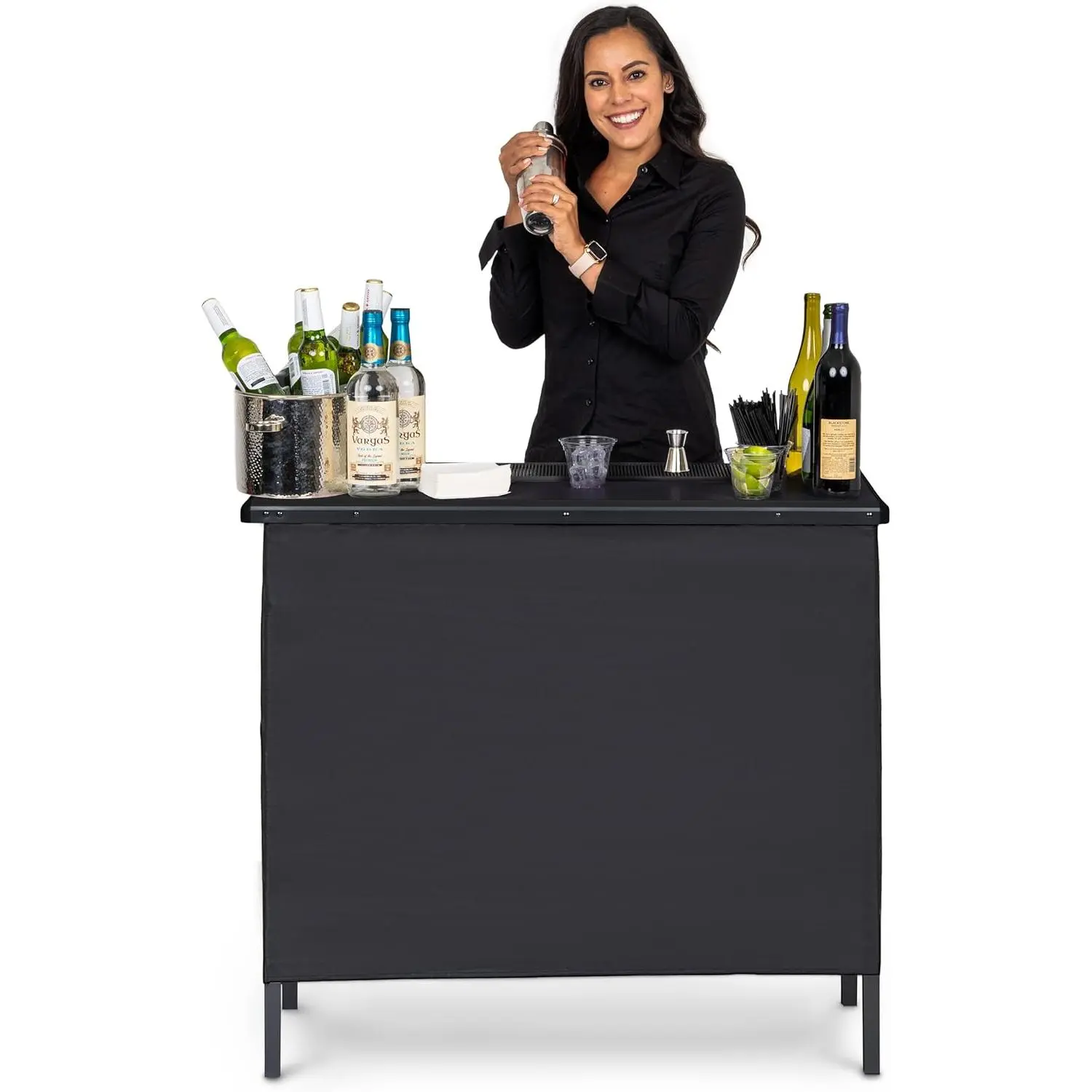 Portable Pop-Up Bar Table for Events with Travel Carrying Case – Folding Bartending Station with Optional LED or Skirts, Black