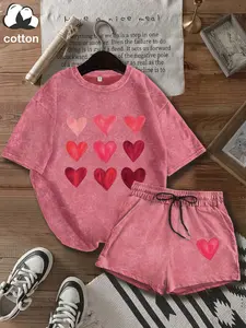 Valentine's Day Heart Pattern Print Washed Cotton Women's Set, Two-Piece Fitted Ladies Graphic Tee and Shorts, Casual Everyday Short Sleeve