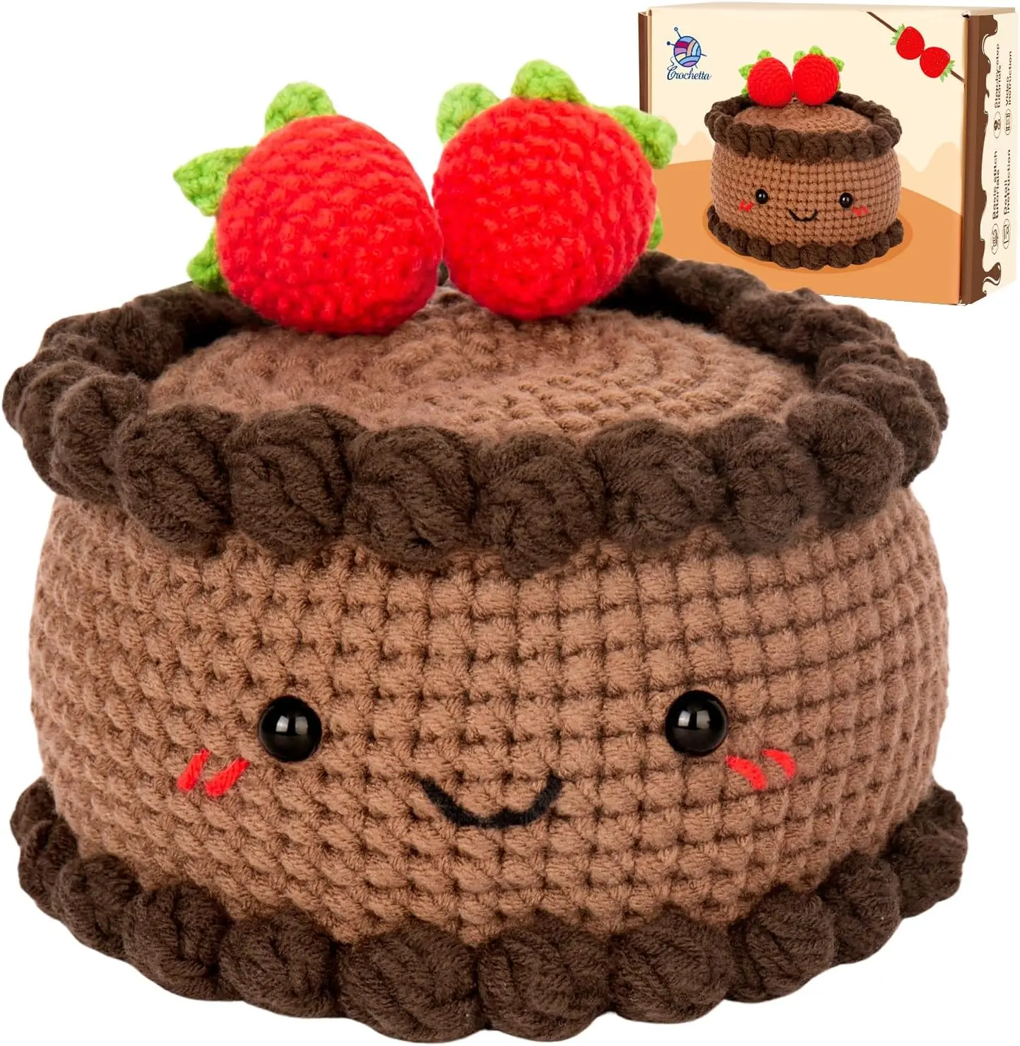 Crochetta All-In-One Crochet Kit for Beginners with 40% Extra Yarn Step-by-Step Video Tutorials Mother's Day Gift DIY Knitting Supplies for Adults Kids Chocolate Strawberry Cake Pattern