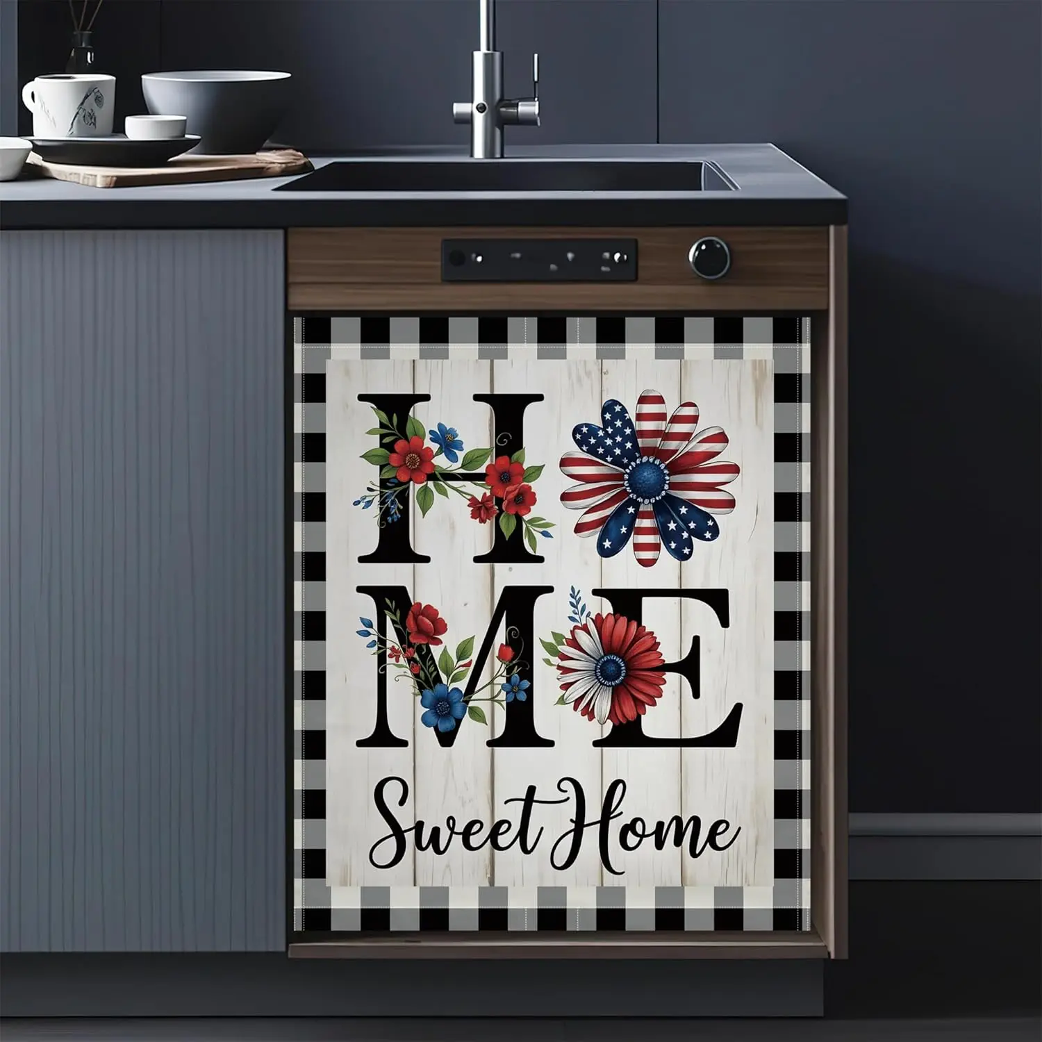 Dishwasher Cover,Sweet Home Reusable Dishwasher Magnet Cover,Decorative American Flag Flower Magnetic Refrigerator Cover Front Panel Cover for Kitchen Decor 23x26 Inch