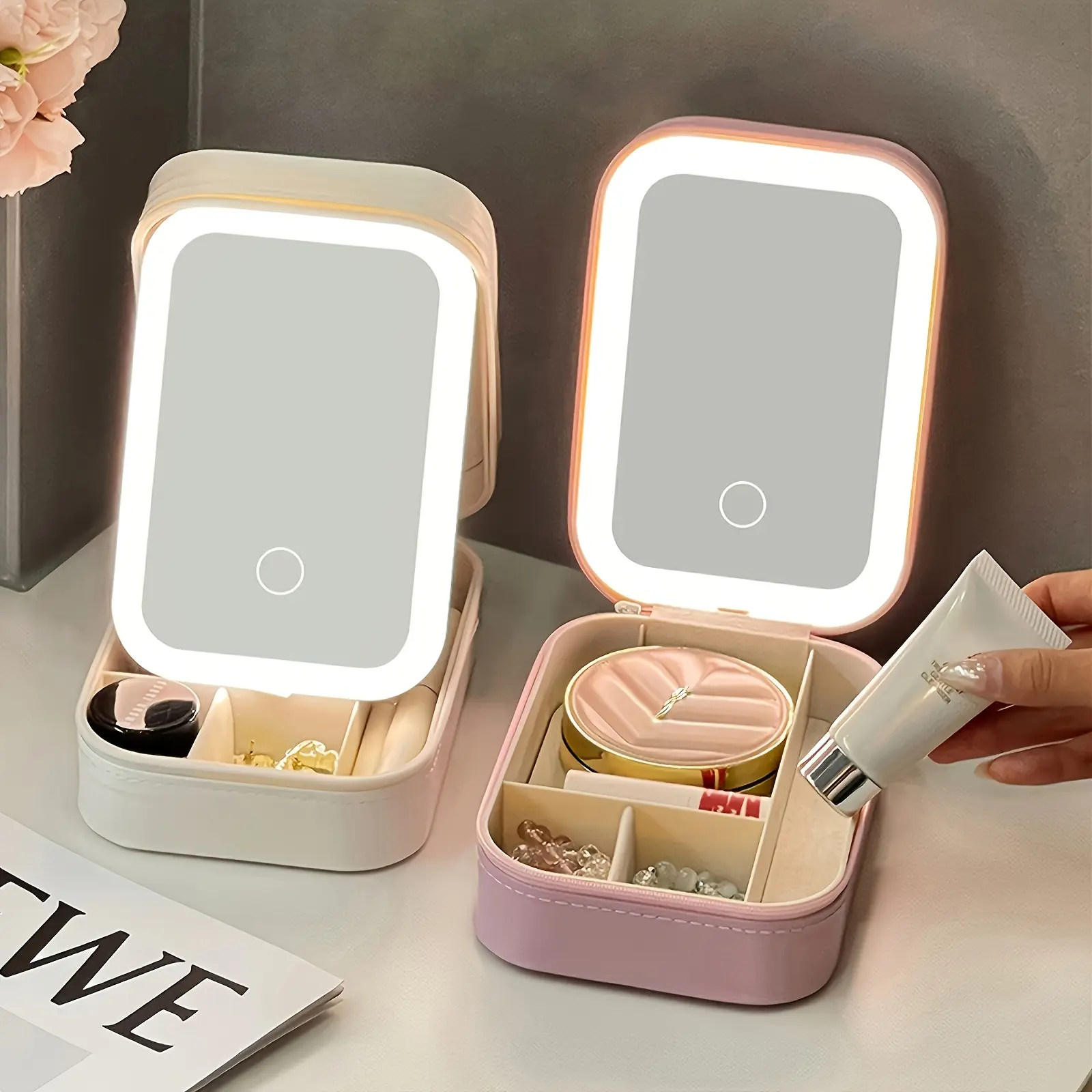 Travel Makeup Bag With Lighted Mirror, Portable Make Up Case Makeup Organizer With 3 Color Adjustable Lights, 1200mAh Rechargeable Travel Must Haves Toiletry Bag With Touch Screen, Gifts For Women, Birthday, Christmas