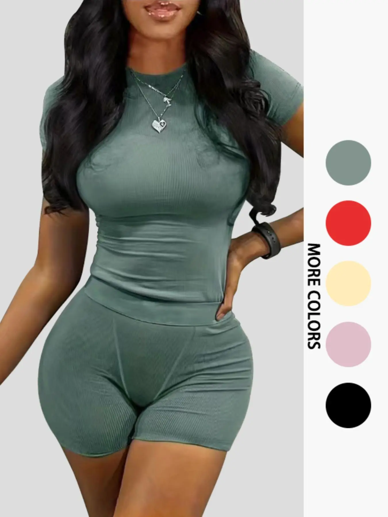 Women's Solid Ribbed Top & Skinny Shorts Set, Casual Comfy Round Neck Tee & Shorts For Yoga Gym Workout, Ladies Summer Clothes Fitness Wear Sportswear Set, Casual Activewear Set, Gym Yoga Outfit