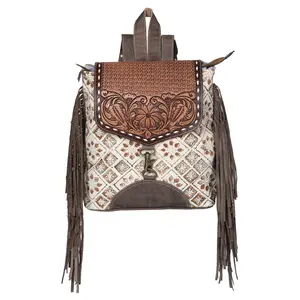 OHLAY Backpack Hand Tooled Upcycled Canvas Genuine Leather Women Bag Western Handbag Purse | for Womens Summer