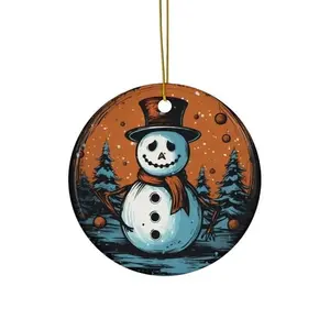 Halloween Snowman Ceramic Christmas Ornament - Circle/Star/Heart/Oval Shape, Orange Color