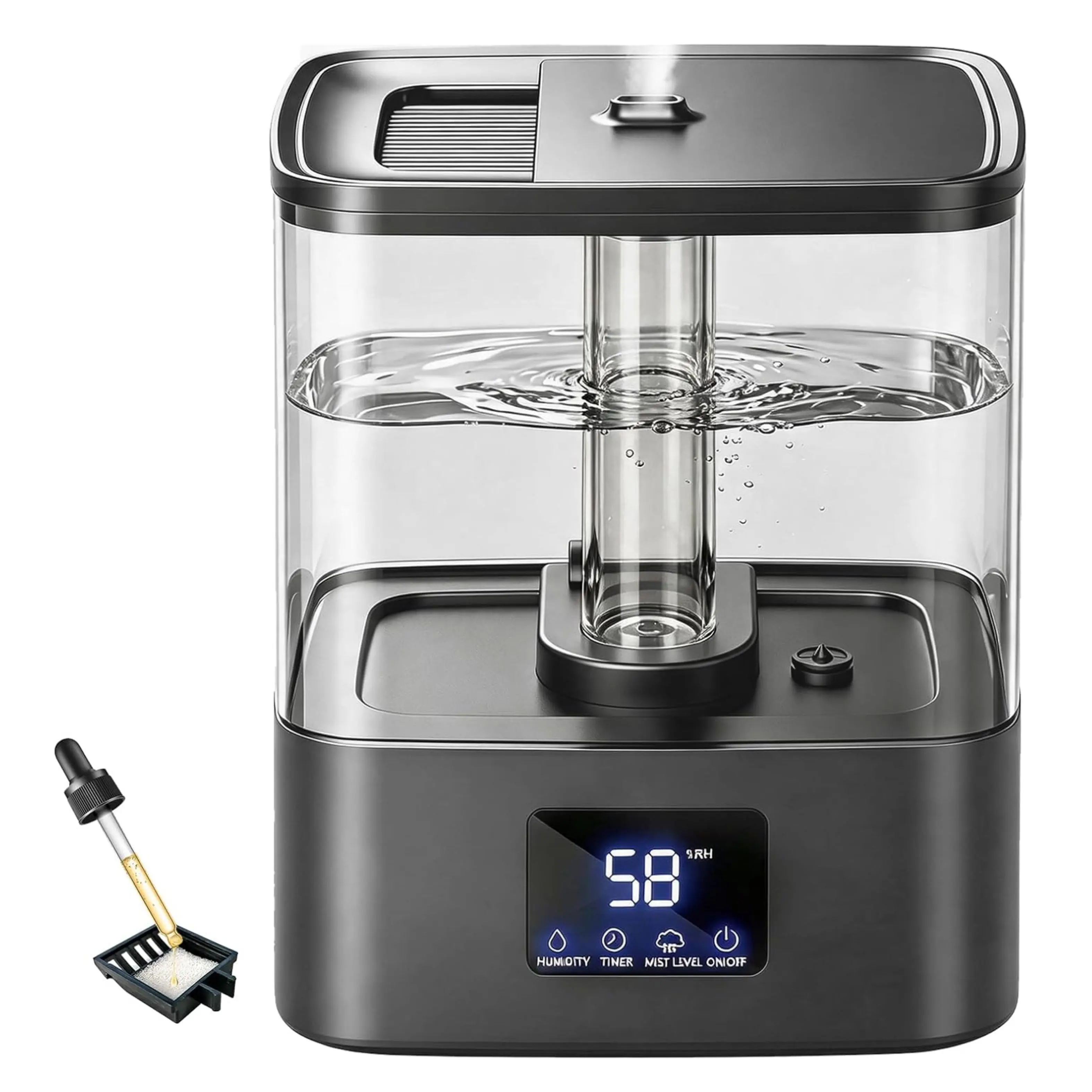 4L Top Fill Humidifiers for Bedroom & 40H Runtime - Cool Mist Humidifier, 3 Mist Levels, 8H Timer, Essential Oil Tray, Humidity Display, Quiet for Baby, Plants, Large Room (Black, 4L)
