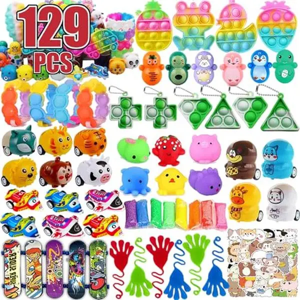 129 PCS Party Favors for Kids, Pop Fidget Treasure Box Toys, Classroom Prizes, Pinata Filler Goodie Bag Stuffers, Treasure Chest, Carnival Prize Box Toys for Boys Girls