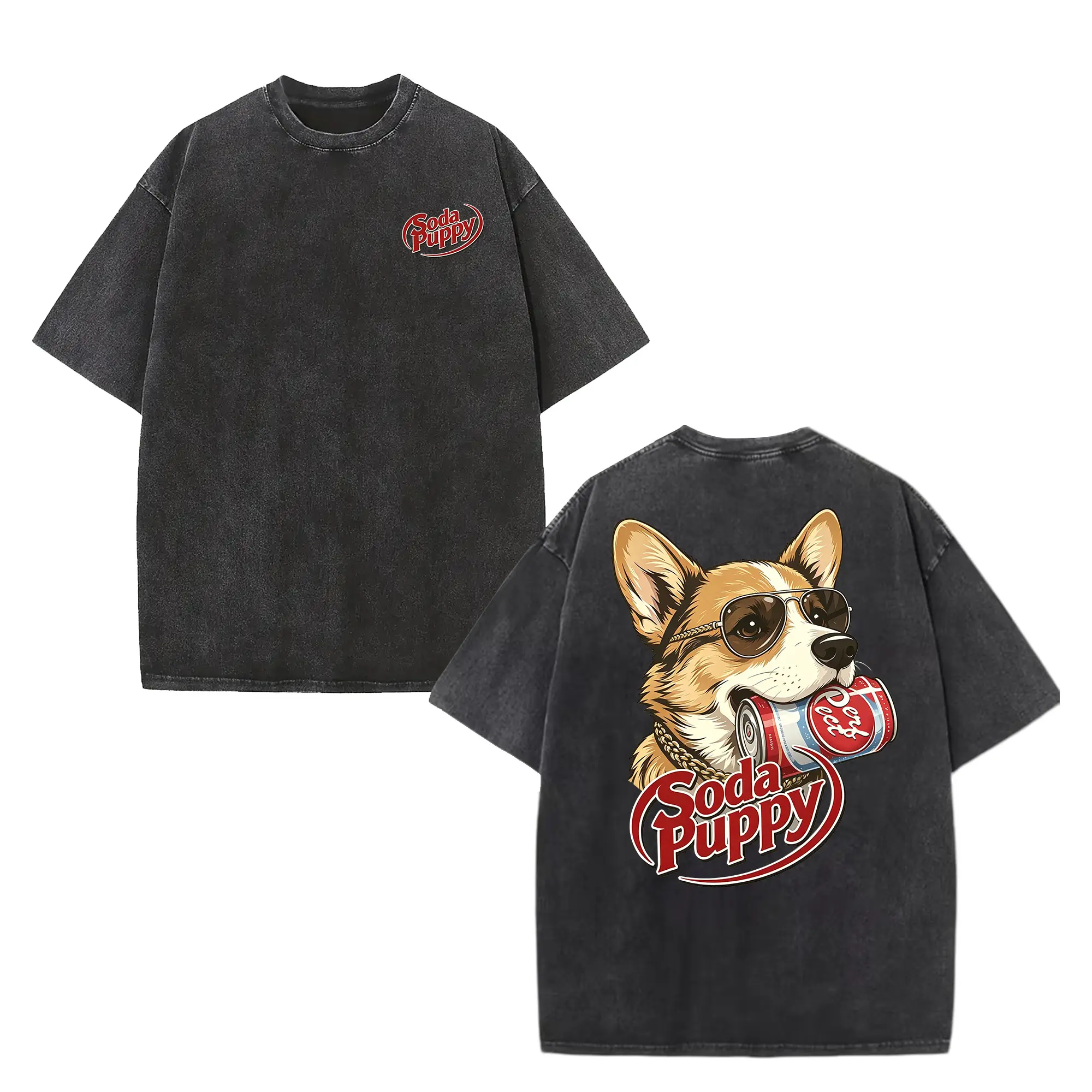 180g[100%cotton]Hip-Hop Street Retro Washed "Soda Puppy & Cool Corgi" Double-Sided Print Loose-Fit T-Shirt - Unisex Fun Dog/Pet Lover Streetwear Top