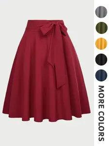 New Spring Summer Women's Solid Color High Waist Slimming Fit Zipper Design Umbrella Hem Bow Belt Dress Skirt Elegant Fashion Commuter Versatile
