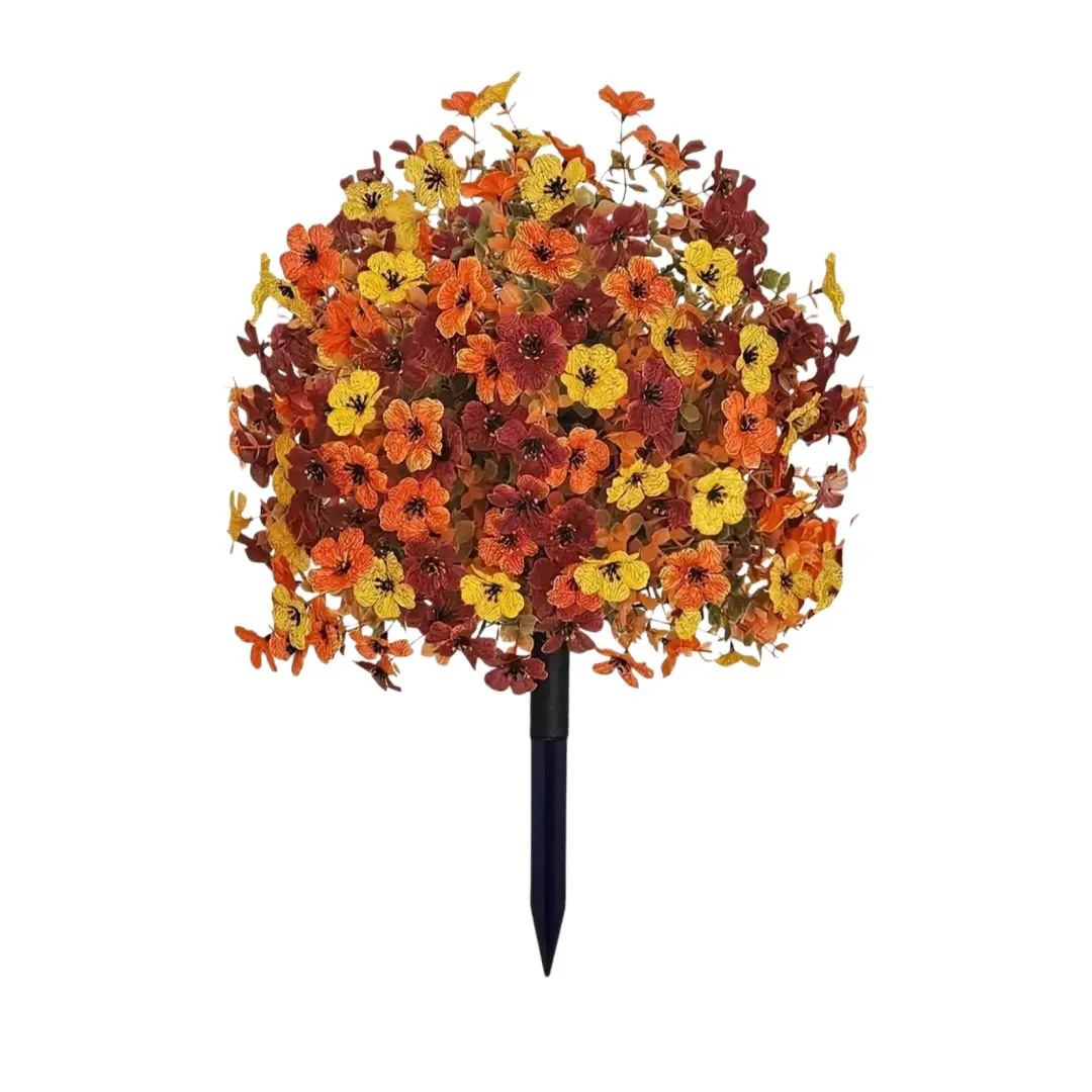 Artificial Fall Flower Ball Stake - Orange-Yellow-Burgundy Floral Topiary with Ground Stake, Outdoor Home Decor for Front Yd, Halloween, Thanksgiving