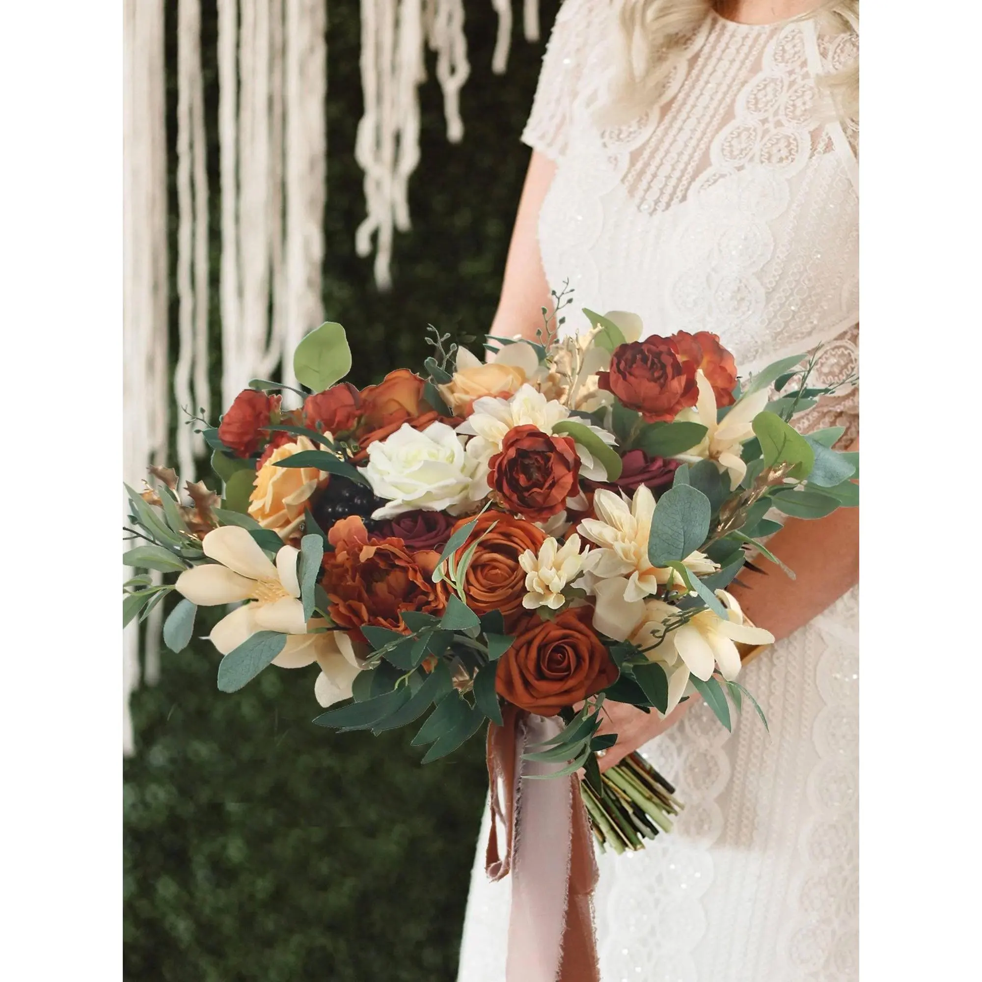 Rinlong 23.5in Wide Terracotta Freeform Bridal Bouquet - Ivory Silk Satin Flowers, Eucalyptus, Orange Roses, Dark Wine Accents, Gold Berries, Elegant Floral Foam Decor for Wedding Home Festive Use