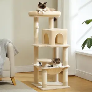 Cat tree for large cats with large plush hammock with 2-door apartment room, 6-tier cat carrier with scratching post and large perch on top