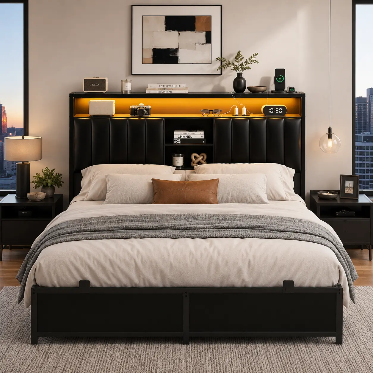 Aheaplus Bed Frame with Bookcase Headboard and LED Light,NO MATTRESS, Upholstered Platform LED Bed Frame with Charging Station, USB Ports,No Box Spring Needed,Easy Assembly and Noise Free