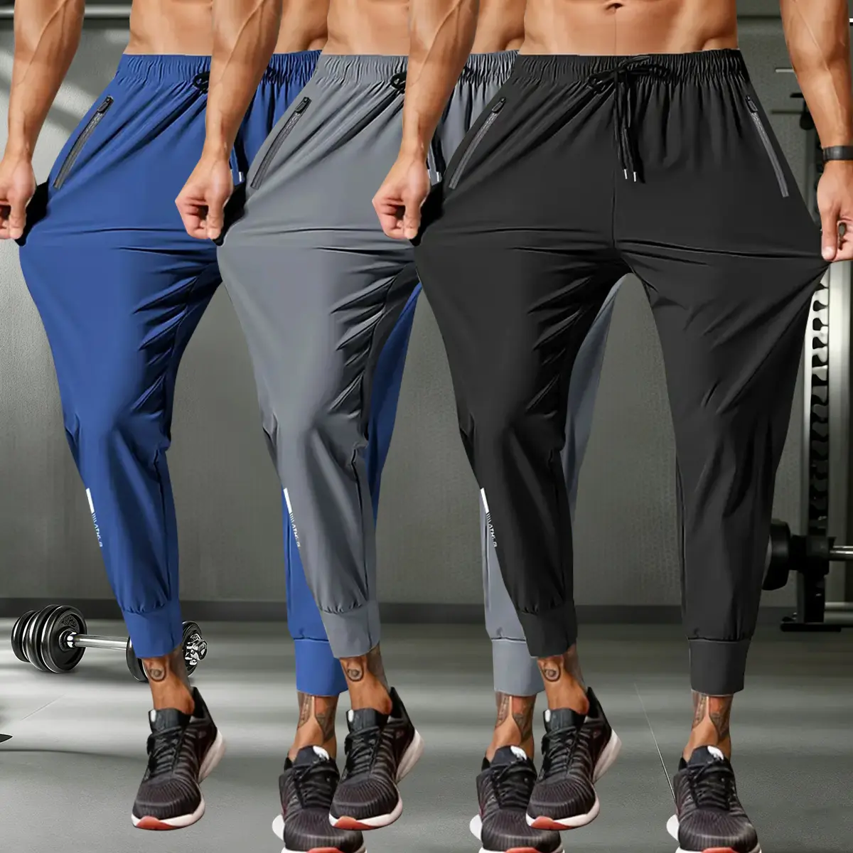 Men's 3-Piece Fitness Trousers, Sporty Chic Ice Silk Basics with Zip Pockets, High-Stretch Breathable Running Outfits, Athletic Men's Pants, Casual Outdoor Men's Pants