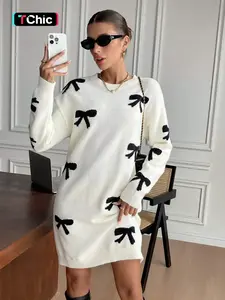 Women's Colorblock Bow Print Drop Shoulder Sweater Dress, Casual Long Sleeve Round Neck Knit Dress for Fall & Winter, Women's Knitwear for Daily Wear Valentine's Day, Sweaters for Women