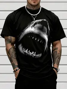 Men's High-Definition Great Shark Print Short Sleeve T-Shirt, Fashion Casual Round Neck Top, Street Style, Comfortable Fabric, Daily Wear