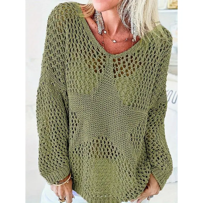 Women's plain hollow out sheer drop shoulder crochet sweater, casual long sleeve crew neck jumper for summer, fashion women's knitwear for daily wear