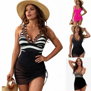One-Piece Bikini Swimsuit With A Skirted, Tight-Fitting Design, Sexy V-Neck Backless Bikini Swimsuit For Women, Irregular Mesh Dress-Style Swimsuit, Solid Color Swimsuit For Summer Beach Vacations