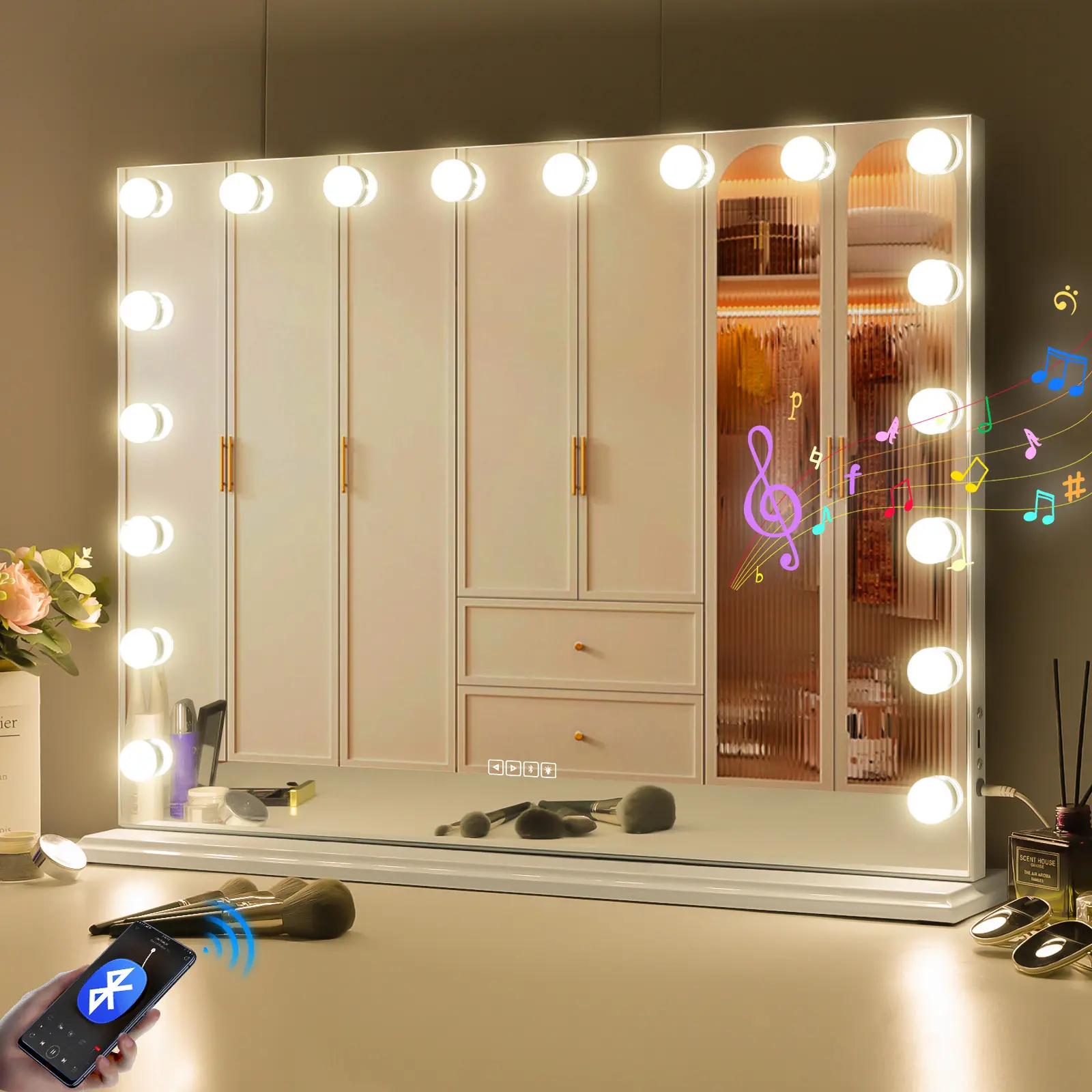 VANITII 32''x23'' Vanity Mirror with Lights Bluetooth Tabletop Wall Mount Metal White,Bright Lights for Daily Beauty & Makeup, Ideal for On & Off Campus