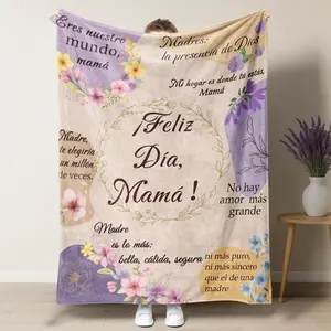 Inspirational Spanish  "Feliz Día Mamá" Floral Blanket,Mother's Love Quotes, Soft Plush Flannel Blanket for Couch & Bed, Ideal Cozy Home Decor for Loving Mothers