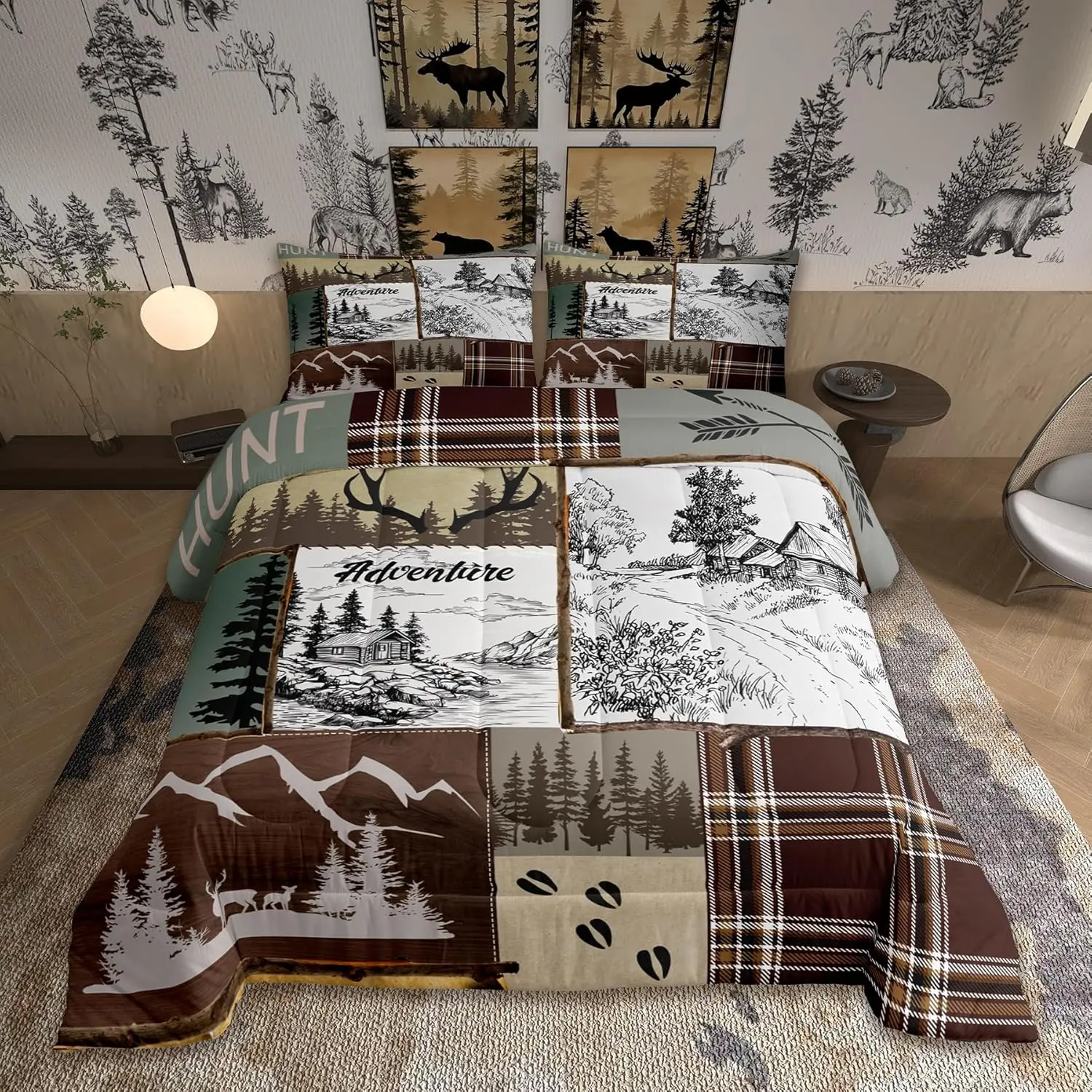 Rustic Farmhouse Cabin Comforter Set,Adventure Deer Antler Hunt Theme Bedding Set Adult Room Decor Pine Wooden Plaid Patchwork Quilt Set Vintage Brown Duvet Insert