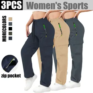 Women’s cargo athletic pants with zippered pockets, straight wide legs, high waist with drawstring casual long pants (available in 1-pack or 3-pack), Bottom, Basic