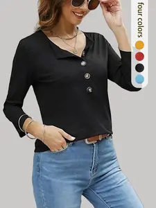Summer New Tiktok Cross-Border Women's Button Half-Open V-Neck Plain Seven-Quarter Sleeve Casual Fitted T-Shirt