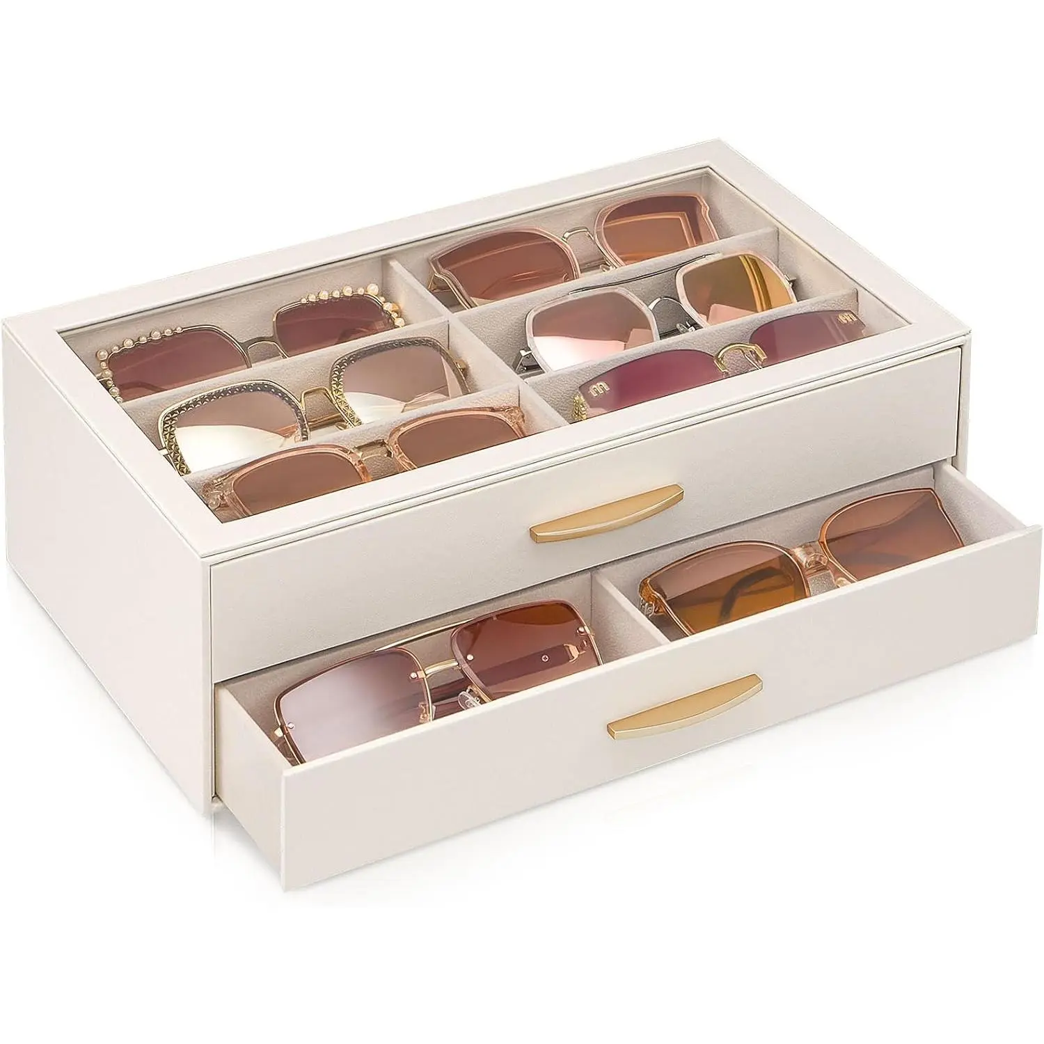 12 Slots 2-Layer Sunglasses Organizer for Women, Enlarged Compartment Eyewear Storage Box with Clear Top Lid, Glasses Display Holder for Eyeglass Collection