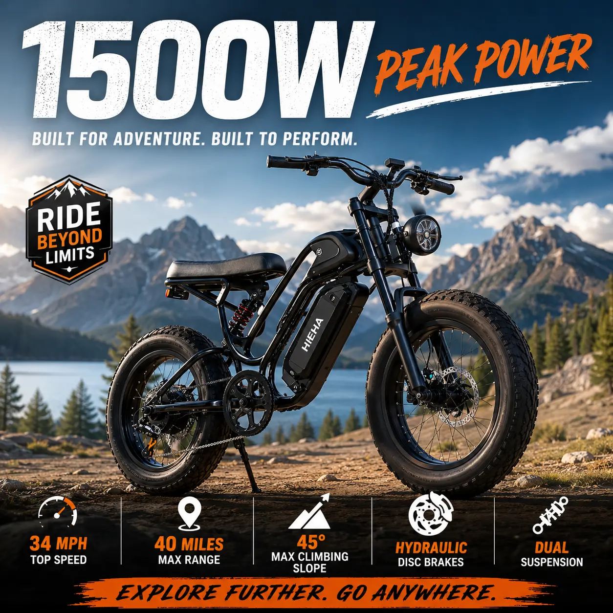 【HIEHA】1500W Fat Tire Ebike, 34MPH,  70-Mile Range, Full Suspension, 48V  Removable Battery, CarPlay Display |  UL 2849 Certified Electric Bike for Adults