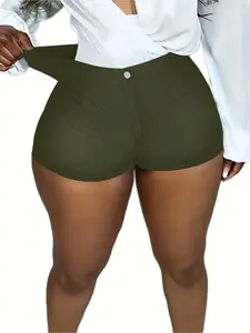 Plus Size High Waist Single Button Skinny Fitted Shorts, Curvy Slimming Y2K Hot Pants