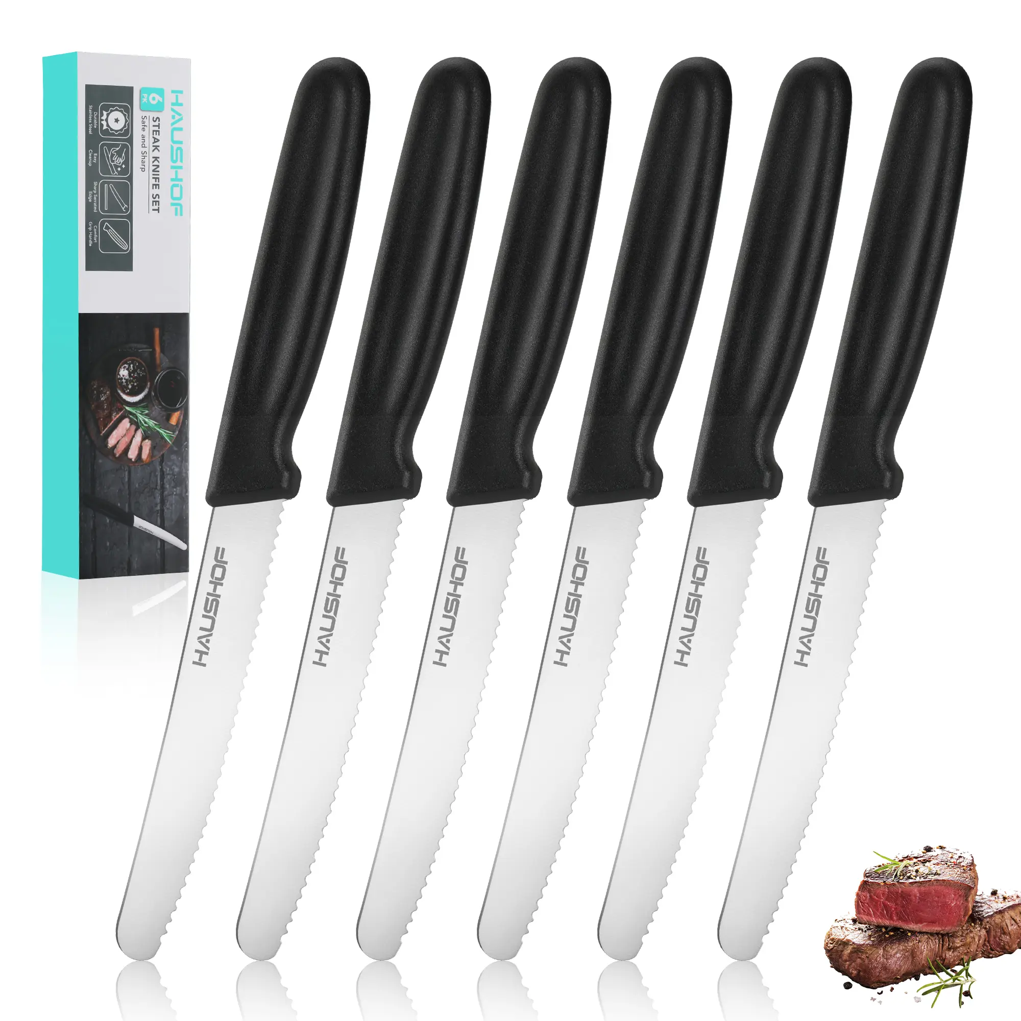 #backtoschool HAUSHOF Steak Knives Set of 6, Serrated Steak Knives, Premium Stainless Steel Steak Knife Set with Gift Box, Black Handle