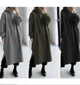 Short baggy soft fleece hoodie dress with pockets and cords plain modesty hoodie #269