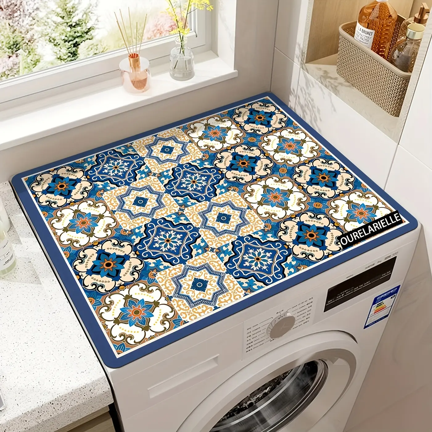 Vintage Mosaic Washing Machine Cover, Waterproof Silicone Appliance Cover, 23.6 x 19.7 Inch Protective Top Cover for Washer, Kitchen & Laundry Room